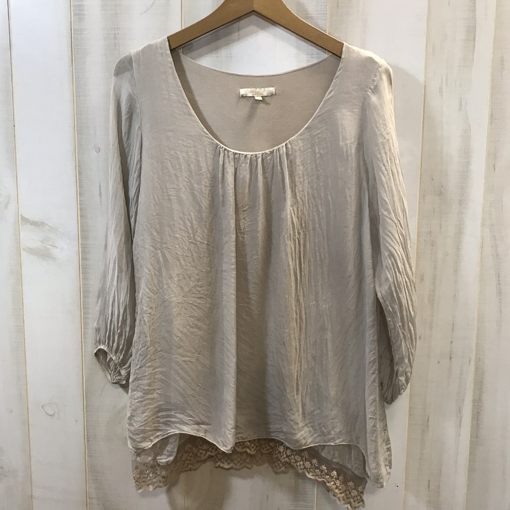 Pronto Moda Giusy Tan Boho Top Silk Lace Italy XS